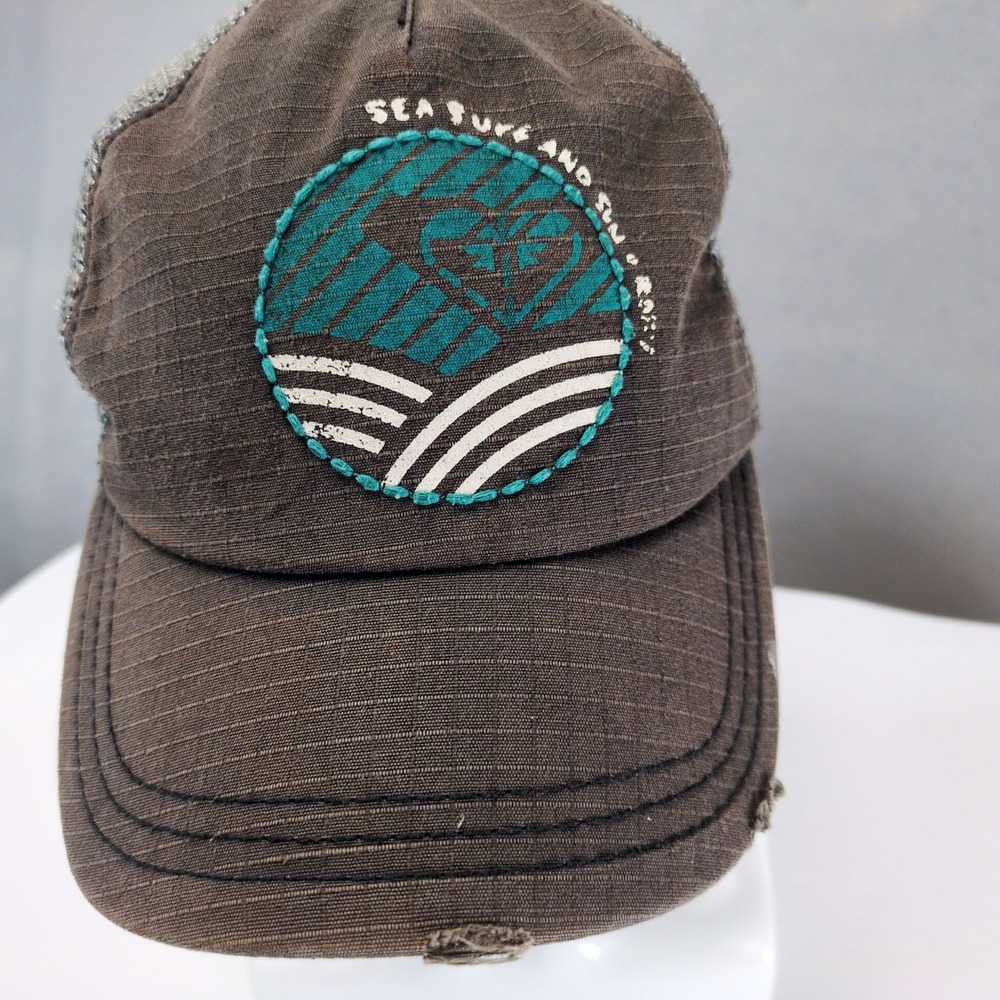 Roxy Distressed Logo Mesh Trucker Hat Adjustable Snapback Brown & Gray Surfer